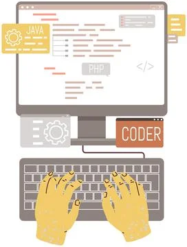 Programmer coding on computer, typing code on keyboard top view. PHP developer 스톡 일러스트