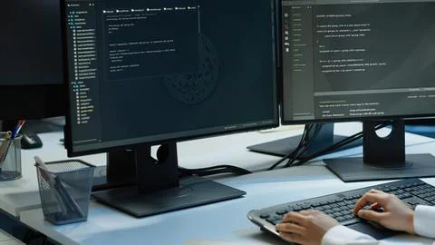Programmer coding on dual monitors at desk Stock Photos