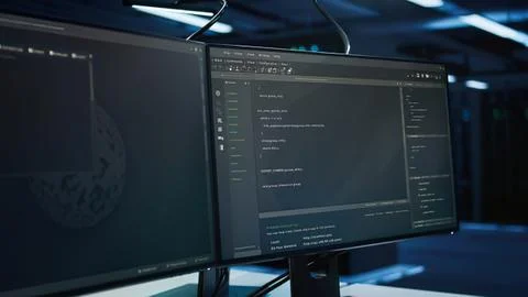 Programmer coding on dual monitors at night Stock Photos