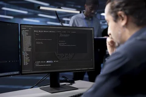 Programmer coding, ensuring data center equipment operates efficiently Stock-Fotos