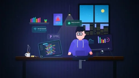 Programmer Coding At Night With Floating UI Elements And Holographic Screens Stock Footage 341176721