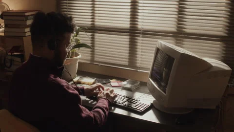 Programmer Coding on Old Computer at Home Office Stock Footage 263298230