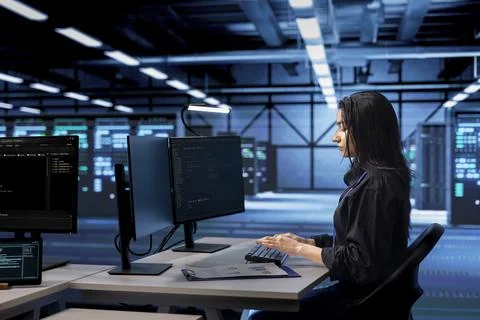 Programmer coding on PC, doing maintenance in data center Stock Photos