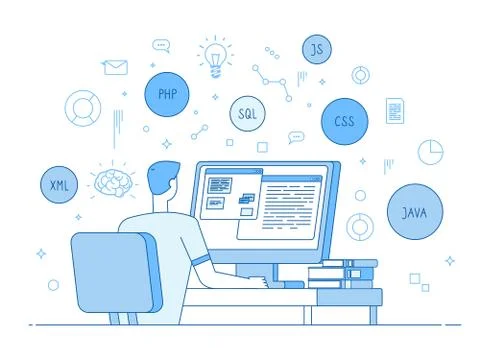 Programmer coding website. Coder web designer works on javascript, php code 스톡 일러스트