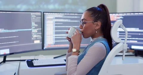 Programmer, coffee and technology with software, coding and web 3.0 project in Stock-Footage 271051251