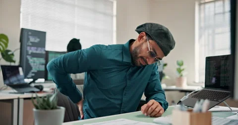 Programmer, computer and back pain in office with burnout, tired or bad posture Stock Footage 346958071