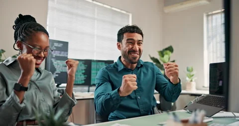 Programmer, computer and high five with business people in office for ai Stock Footage 346954041