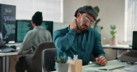 Programmer, computer and neck pain in office with burnout, tired or bad posture Stock-Footage 346958382