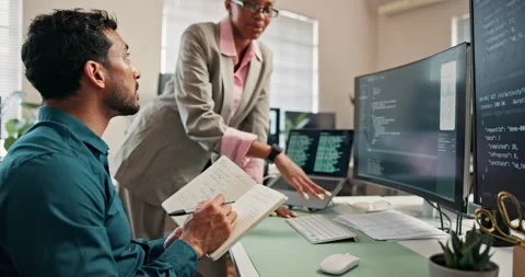 Programmer, computer and team with business people in office for ai software Stock Footage 346942531