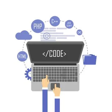 Programmer at computer desk working on program. Software concept. Vector il.. Stock-Illustration