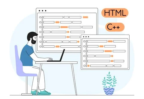 Programmer with computer languages. Young guy on laptop writes code for Stock-Illustration