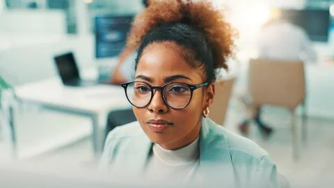 Programmer, computer or woman with glasses for reading code, app development and Foto stock