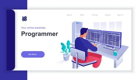 Programmer concept 3d isometric web banner with people scene. Man codes and Stock Illustration
