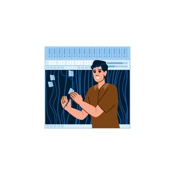 Programmer connecting cables and organizing server room with sticky notes Stock-Illustration