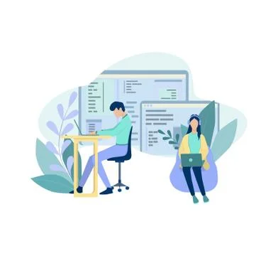 Programmer couple. Idea of working on computer, coding Stock Illustration