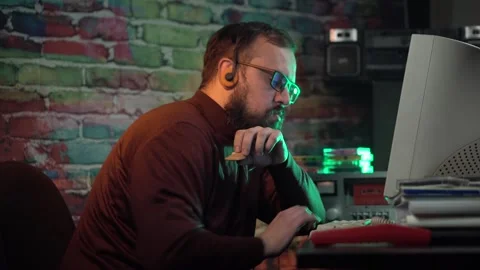 Programmer Data Analyst in Front of Desktop Computer From 1990s Eating and Stock Footage 306146691