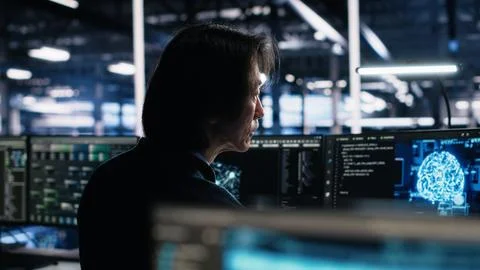 Programmer in data center coding with generative AI assistance Stock Photos