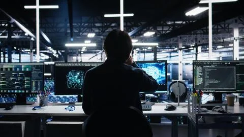 Programmer in data center coding with generative AI assistance Foto stock