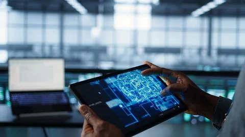 Programmer in data center using AI tech on tablet, close up Foto stock