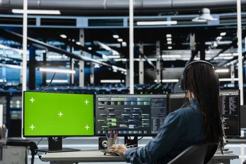 Programmer in data center using isolated screen computer to check equipment Foto stock
