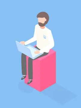 Programmer, designer, co-worker, manager, office clerk using laptop sitting at Stock Illustration
