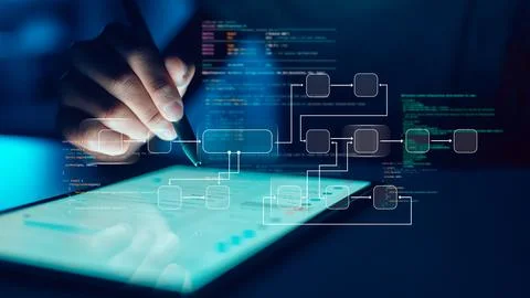 Programmer designing software algorithm and flowchart on digital tablet. Co.. Stock Photos