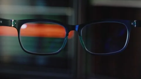 Programmer desk with code on two monitors through glasses. Stock Footage 323462376