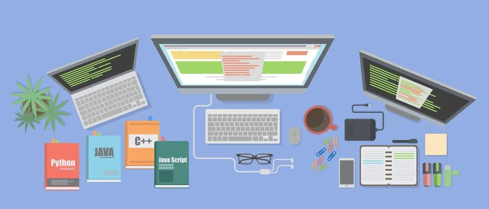 Programmer desk mockup. 스톡 일러스트