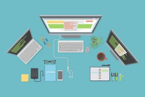 Programmer desk mockup. 스톡 일러스트