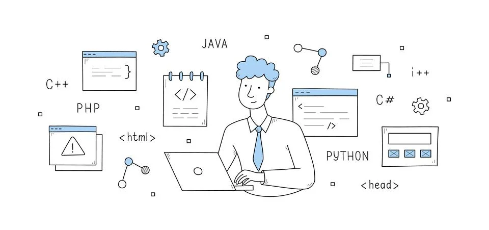 Programmer develop code doodle concept, developer 스톡 일러스트