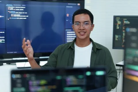 Programmer Developer Engineer Working with Software Technology Fotos Stock