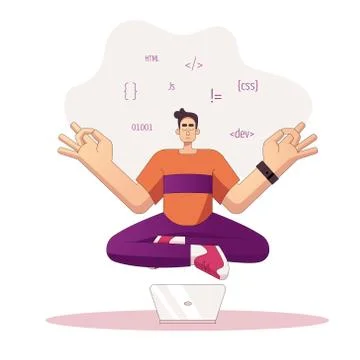 Programmer developer in yoga pose working on code, coding, testing. vector Stock Illustration