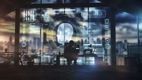 Programmer developing artificial intelligence in modern office at sunset Stock Footage 314797008
