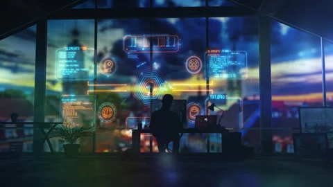 Programmer developing a brain-computer interface on a virtual display Stock Footage 313582719