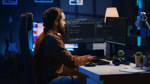 Programmer developing code on computer screen while in personal office Stockfoto's