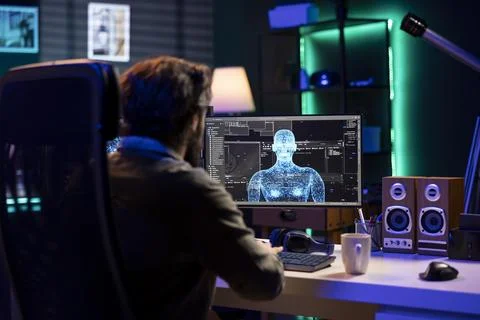 Programmer discussing with sentient AI becoming superintelligent 스톡 사진