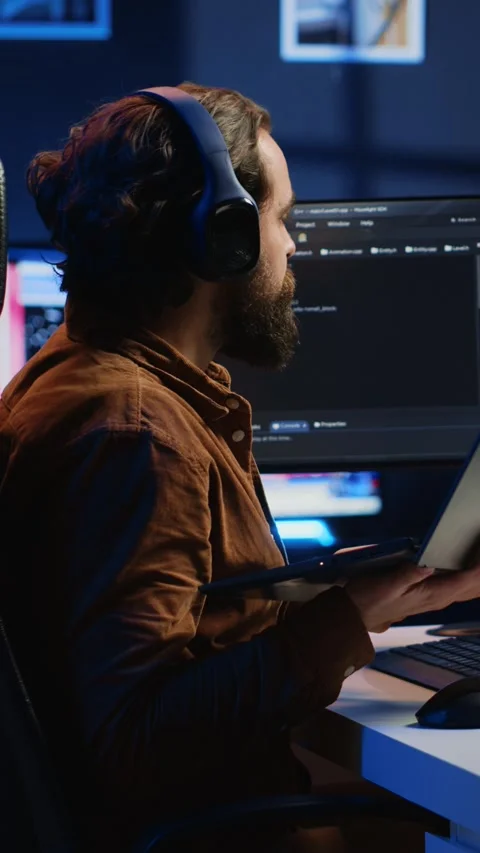 Programmer does multitasking, drinks coffee, listens music Stock Footage 264511921