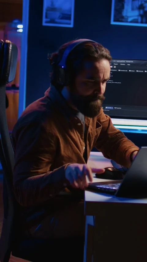 Programmer does multitasking, drinks coffee, listens music Stock Footage 264513066