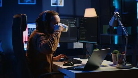 Programmer does multitasking, drinks coffee, listens music Stock Photos