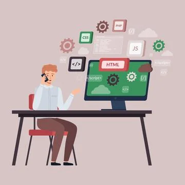 Programmer doing programming languages design and program code on screen Illustration