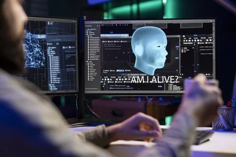 Programmer drinking coffee and being asked existential questions by awaken AI Stock Photos