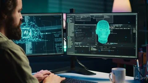 Programmer drinking coffee interrupted by awaken AI gaining consciousness Stock Photos