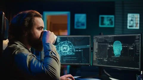 Programmer drinking coffee interrupted by awaken AI gaining consciousness Foto stock