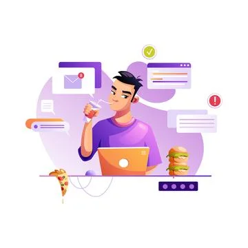 The programmer eats fast food at the workplace. Development of programming an Stockillustratie