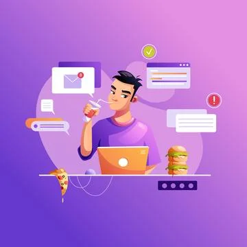 The programmer eats fast food at the workplace. Development of programming an Stockillustratie