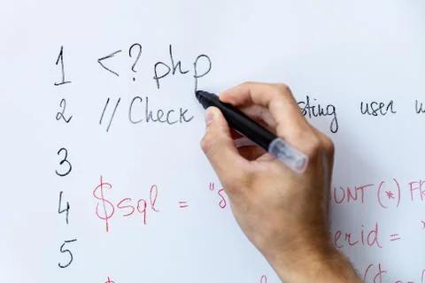 Programmer education and web development - hand with marker writing php progr Foto stock