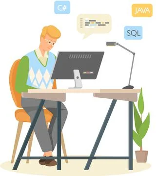 Programmer engineering and coding. Programmer working on web development on Stock Illustration