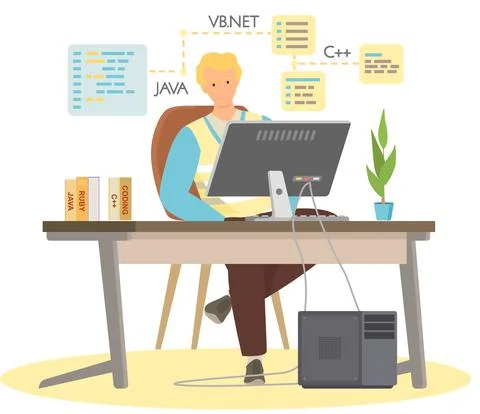 Programmer engineering and coding. Programmer working on web development on Stock Illustration