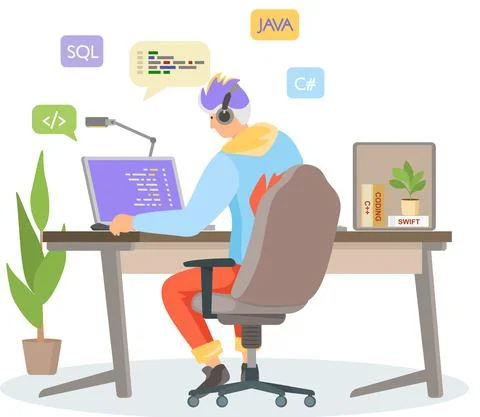 Programmer engineering and coding. Programmer working on web development on Stock Illustration