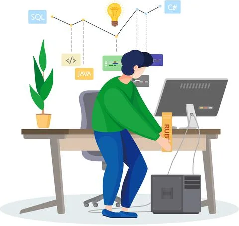 Programmer engineering and coding. Programmer working on web development on Stock Illustration